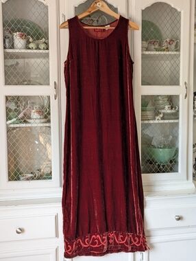 VTG 90s Long Sleeveless Burnt Red Orange Velvet Dress Decorative Burnout  Hem